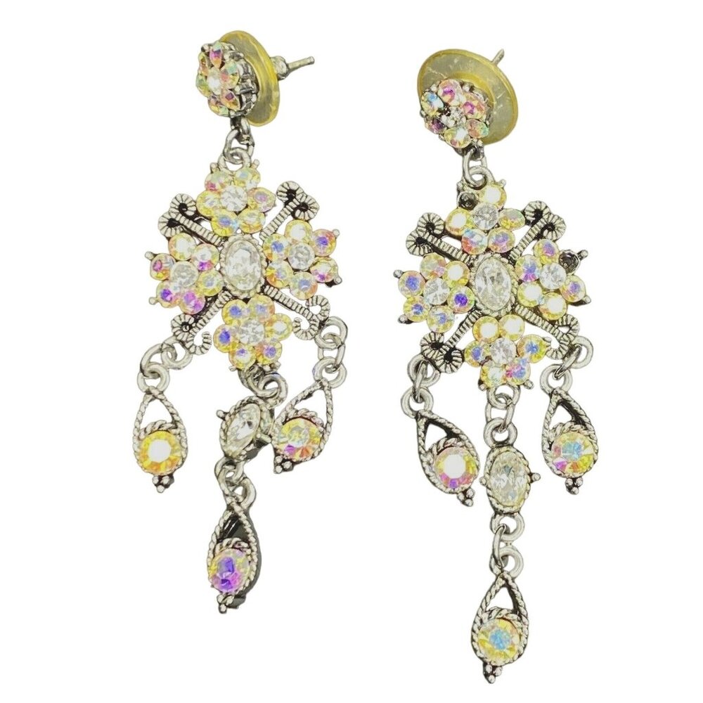 Vtg 90s Bridal Wedding Chandelier Earrings Silver Tone Rhinestone Sparkly‎ Glam